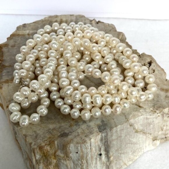 Sterling Silver 925 Layered Beige Baroque Triple Strand Pearl Necklace 18" - 19" - Picture 7 of 16